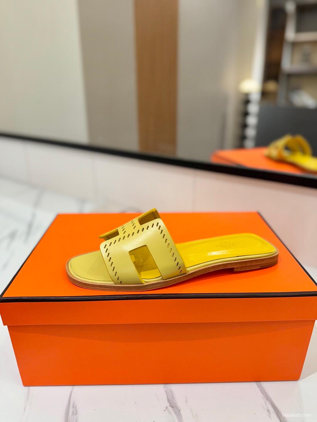 2025 Women Hermès Yellow Leather Slippers