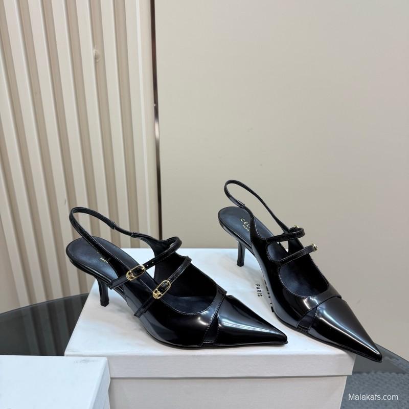 2025 Women CELINE Black Patent Leather Pointed Toe Slingback Heels