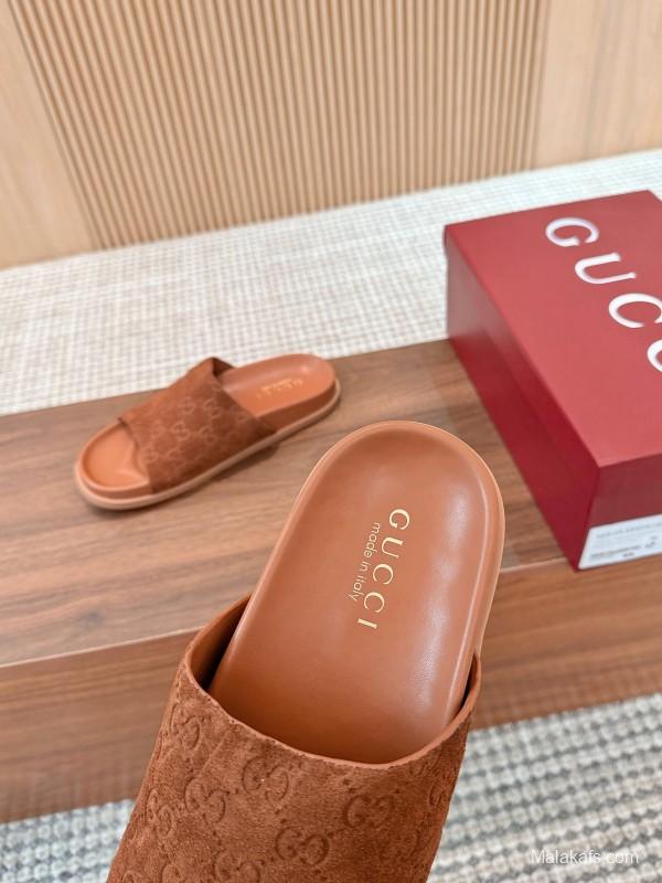 2025 Women Gucci Brown Suede Leather Slippers