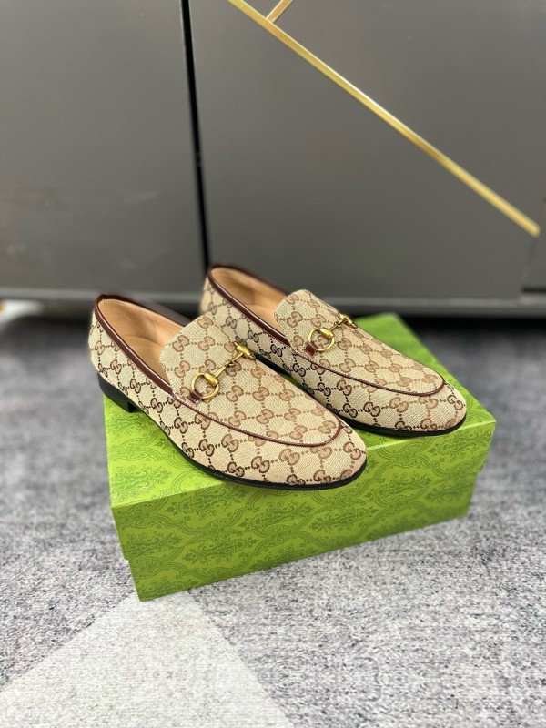 2024 Men Gucci Beige Brown Canvas Leather Loafer