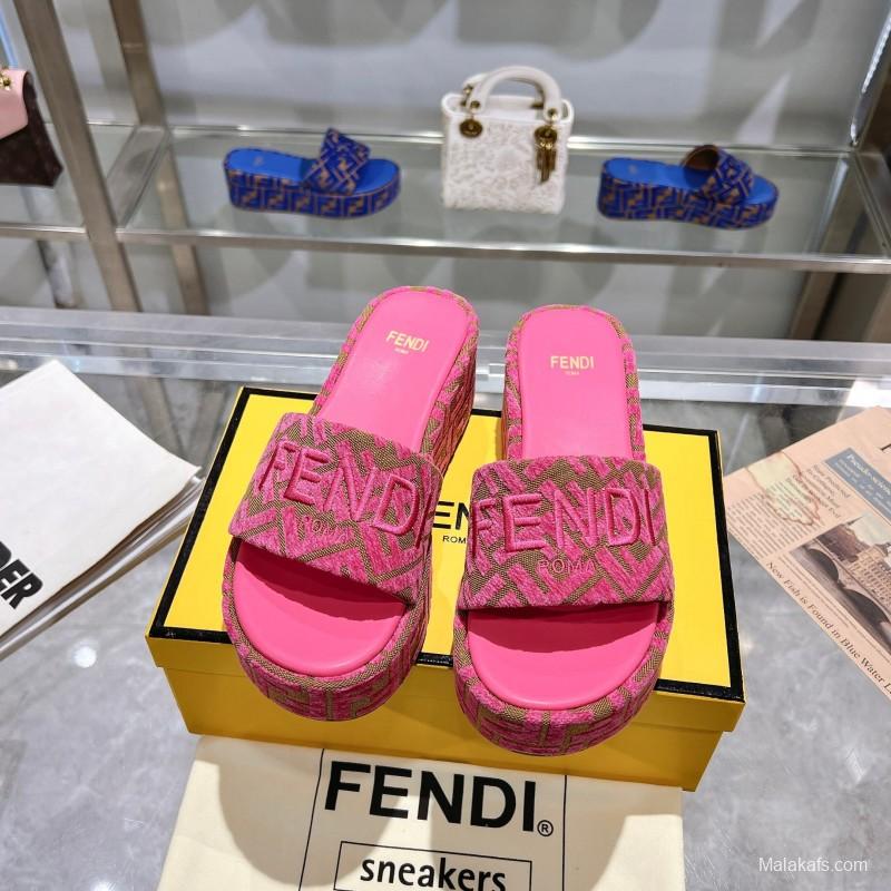2025 Women Fendi Pink Canvas Slippers FF Jacquard KFY00240