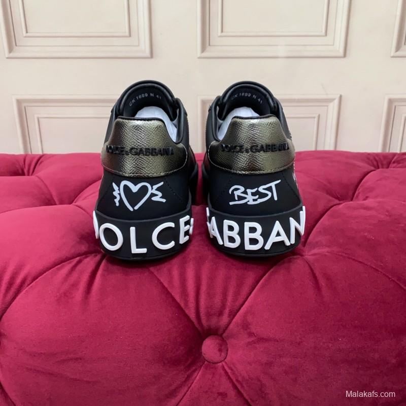 2025 Men Dolce & Gabbana Black Silk Leather Sneakers Crown Embellishment LY00360