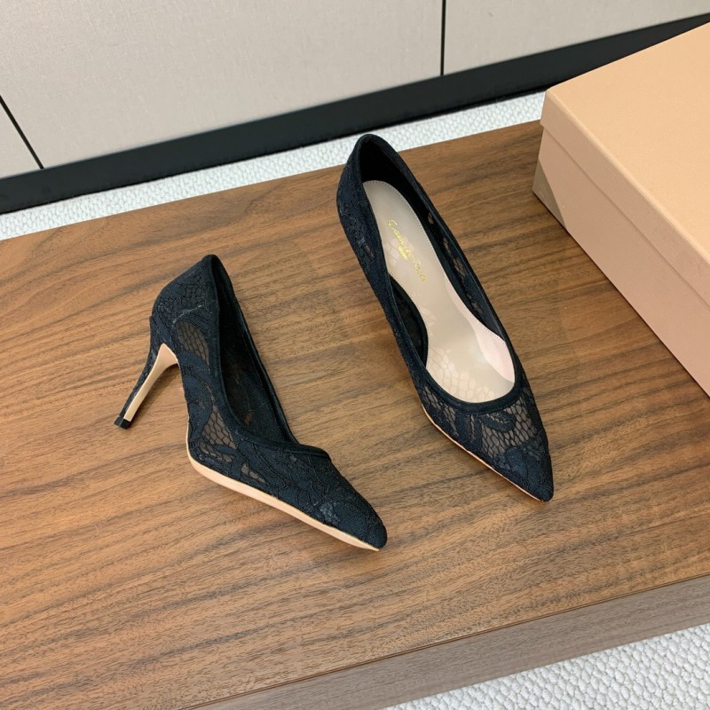 2025 Women Gianvito Rossi Black Lace Leather Pumps KFY00280