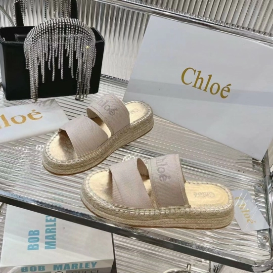 2025 Women Chloé Beige Fabric Espadrille Slip-On Sandals LY00320