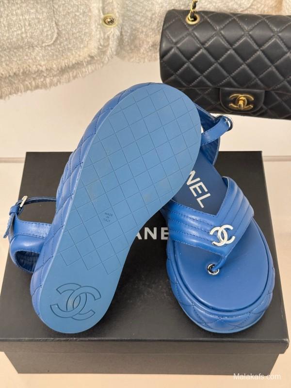 2025 Women Chanel Blue Leather Platform Sandals