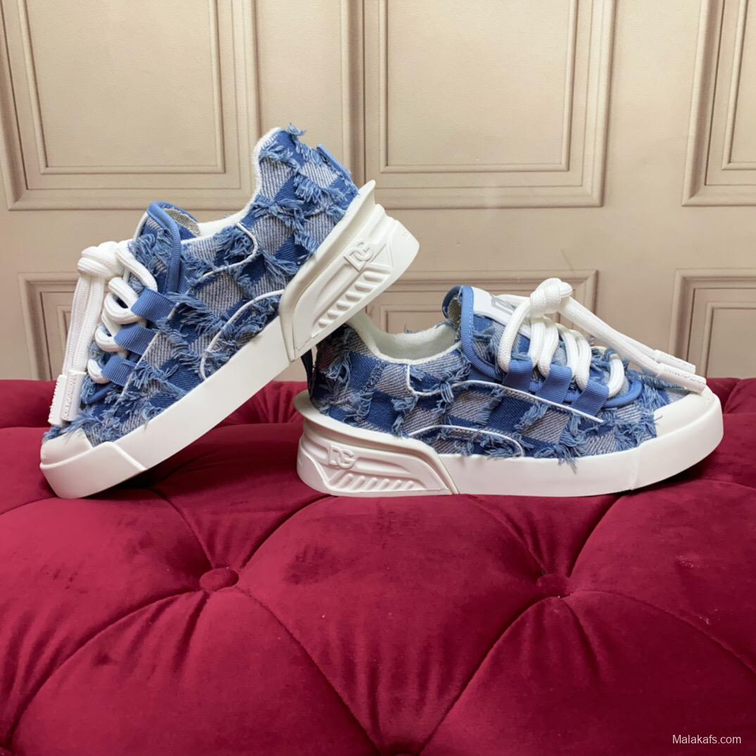 2025 Women Dolce & Gabbana Blue Denim Leather Sneakers