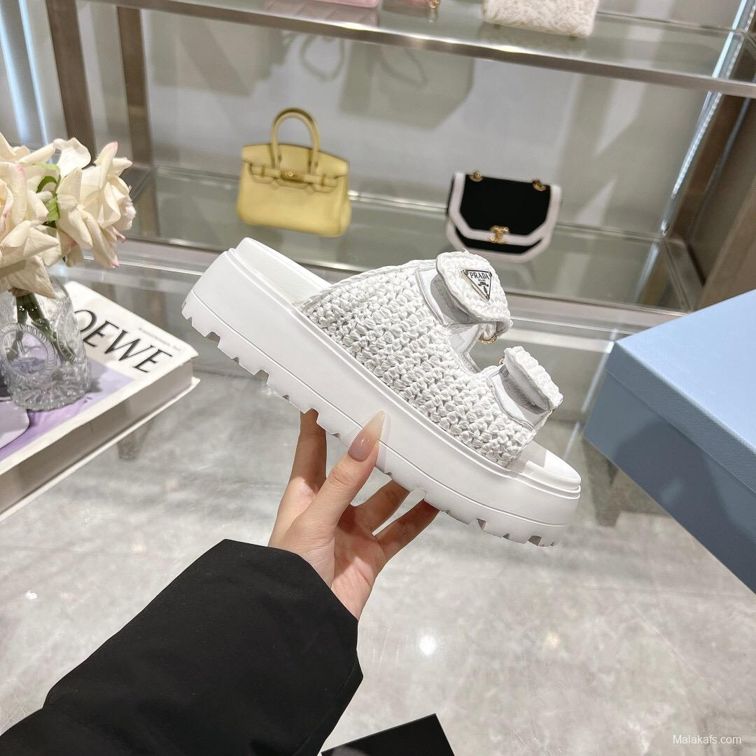 2025 Women Prada White Knit Leather Slippers