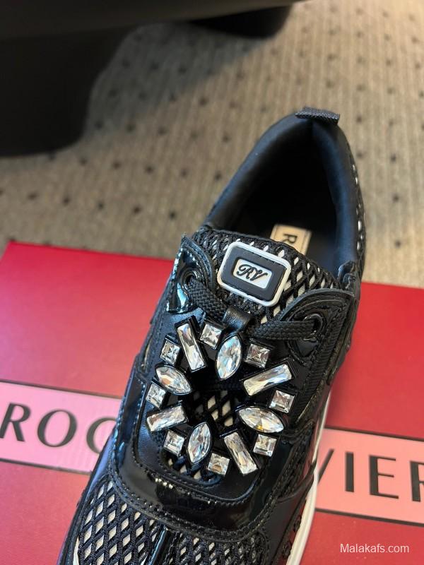 2025 Women Roger Vivier Black Leather Mesh Sneakers