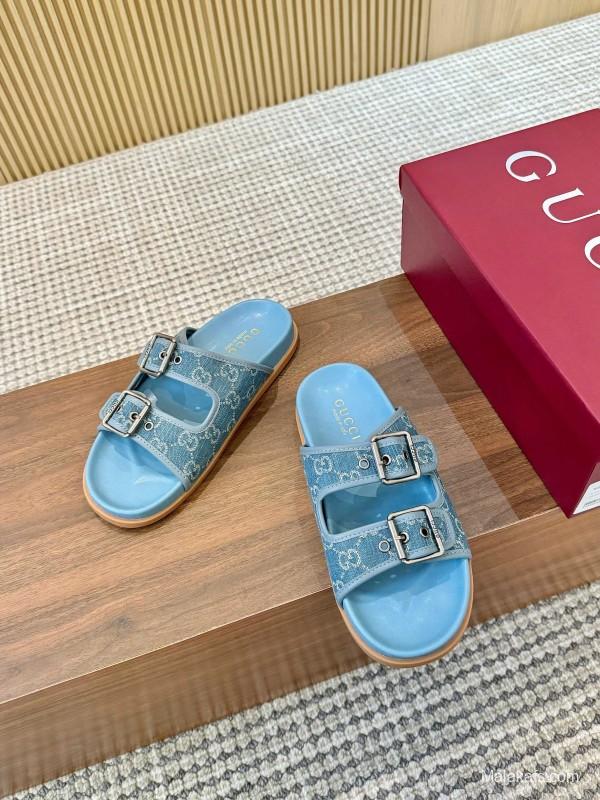 2025 Women Gucci Light Blue Canvas Leather Sandals