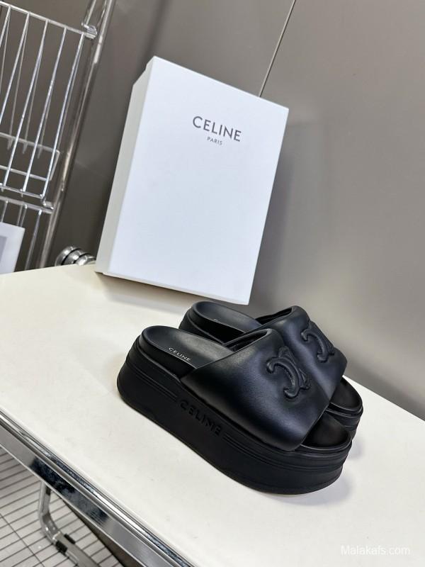 2025 Women Celine Black Leather Slippers