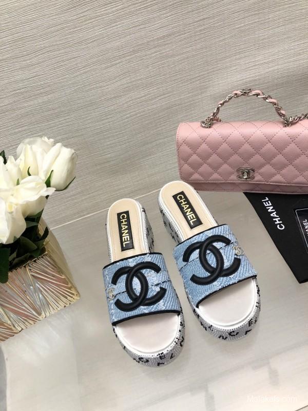 2025 Women Chanel Blue Denim Canvas Slippers LY00320