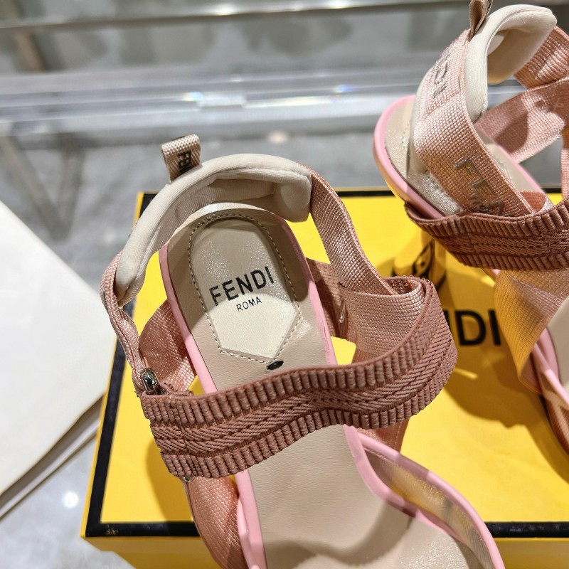 2025 Women Fendi Pink Beige Fabric Leather High Heels