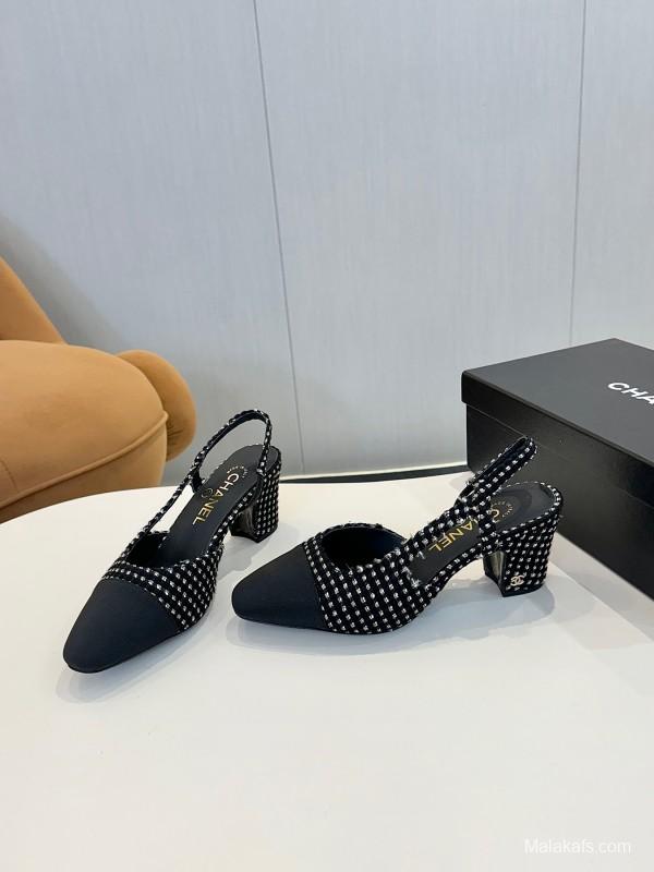 2025 Women Chanel Black White Fabric Slingback Heels LY00240