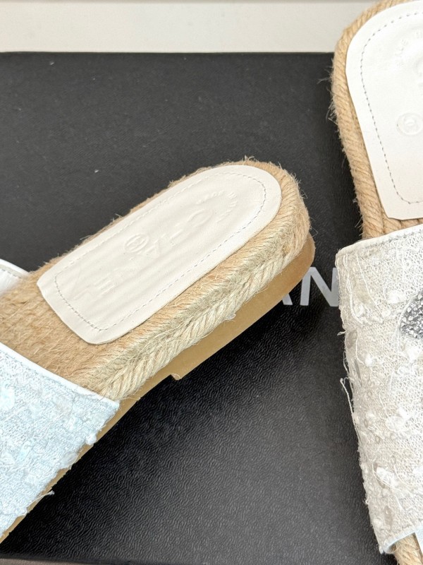 2025/Women Chanel White Lace Espadrille Slide Sandals Handwoven Jute Sole KFY00240(F)