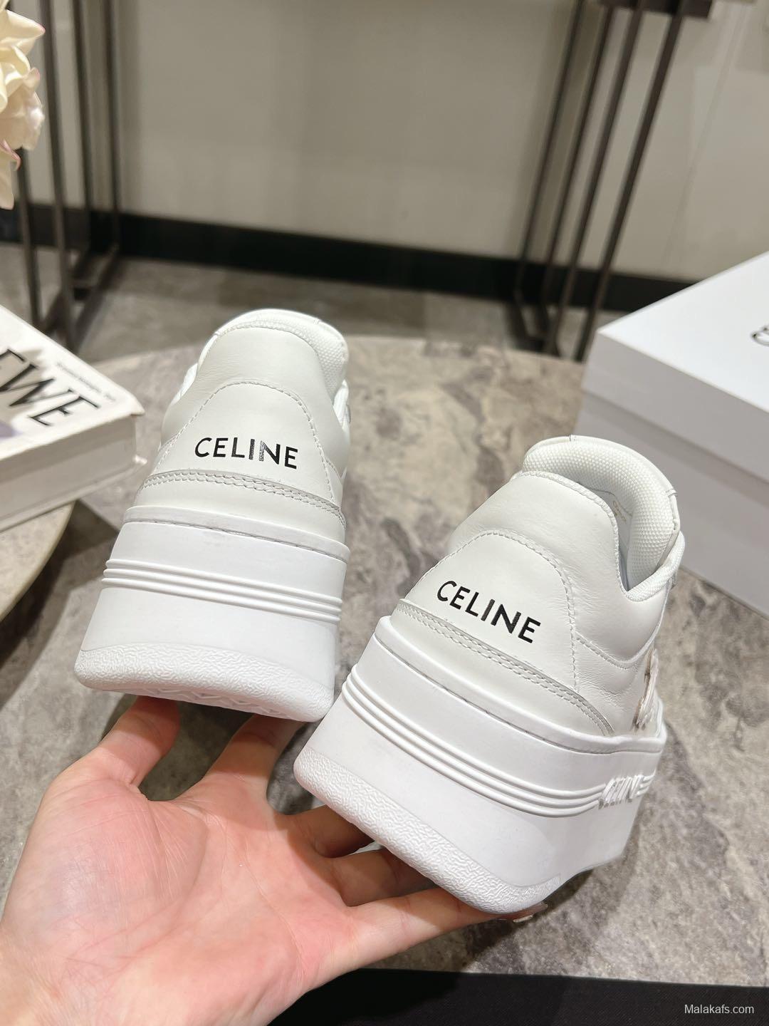 2025 Women Celine White Leather Platform Sneakers