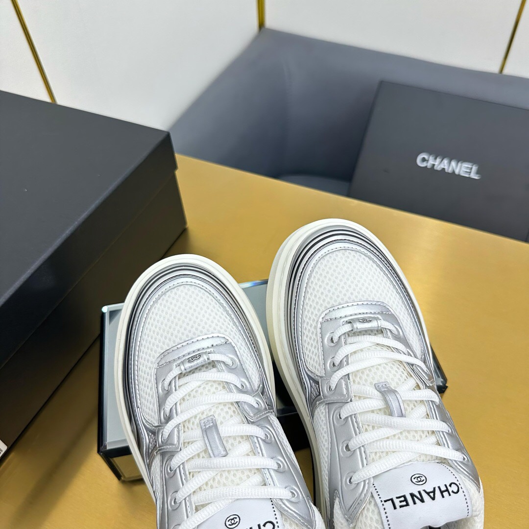 2025 Women Chanel White Silver Leather Mesh Sneakers