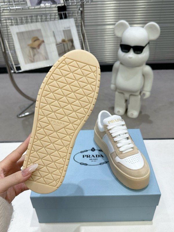 2025 Women Prada White Beige Leather Sneakers