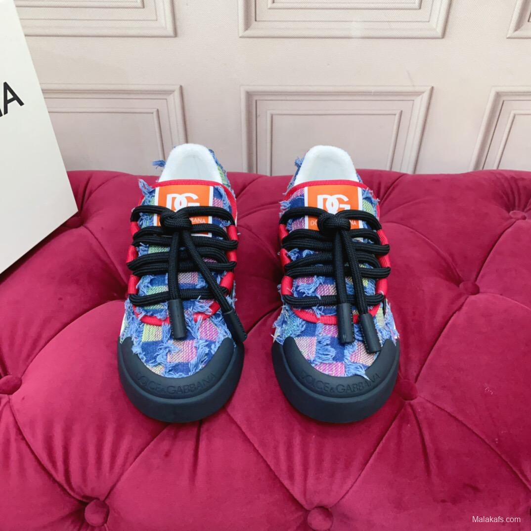 2025 Unisex Dolce & Gabbana Blue Red White Denim Textile Sneakers