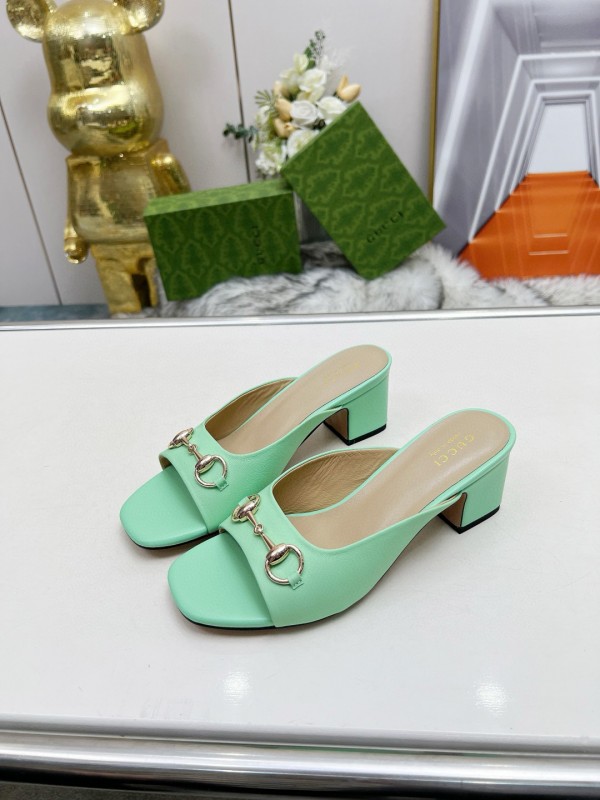 2025 Women Gucci Green Leather Heeled Slippers MJ00180