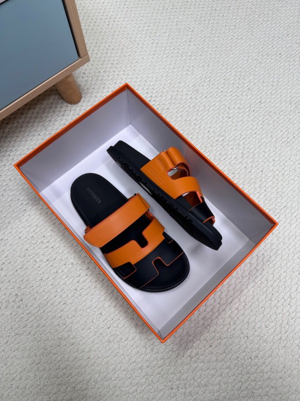 2025 Women Hermès Orange Black Leather Slippers