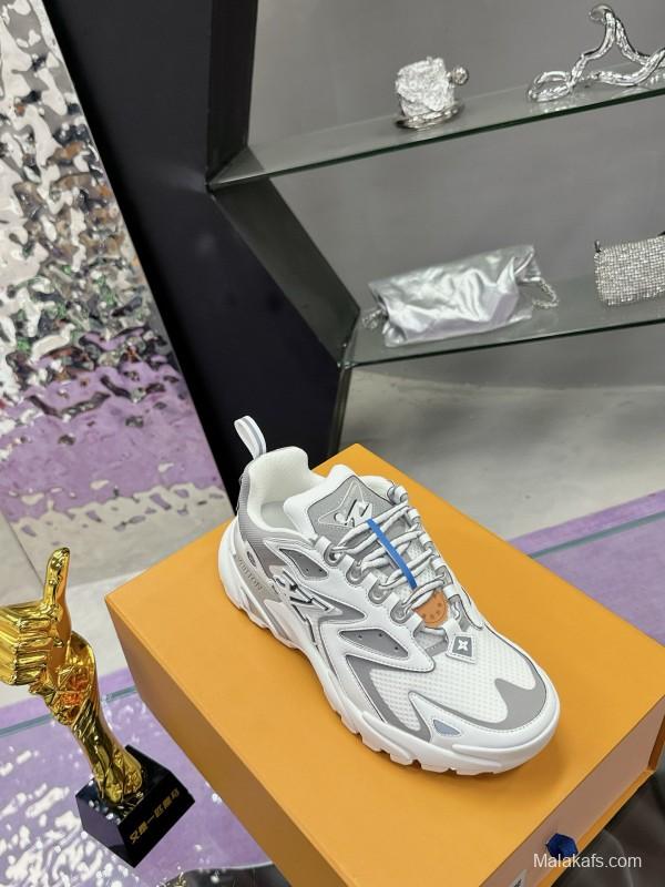 2025 Men Louis Vuitton White Grey Mesh Leather Sneakers MJ00420