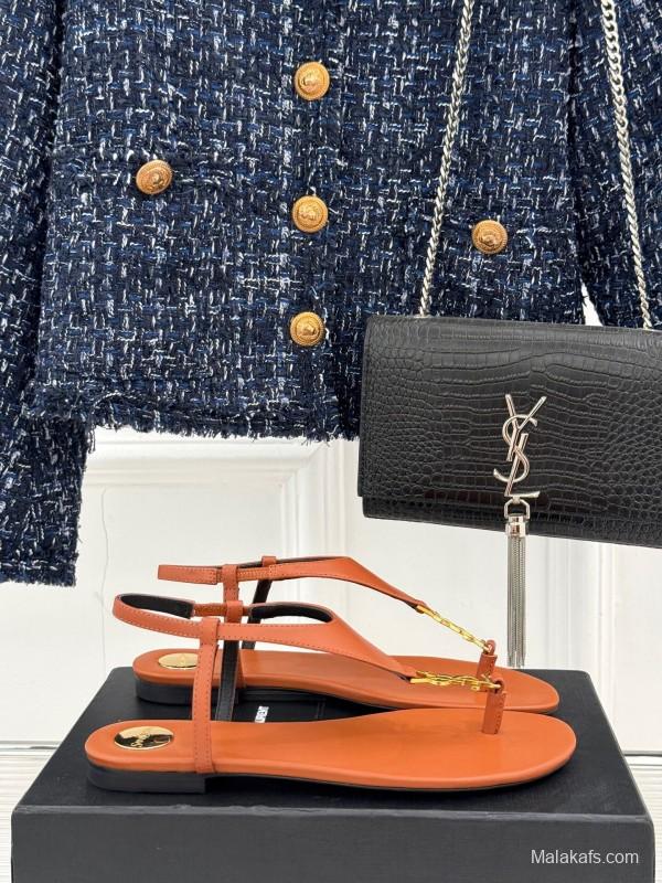 2025 Women Yves Saint Laurent Orange Leather Sandals KFY00270