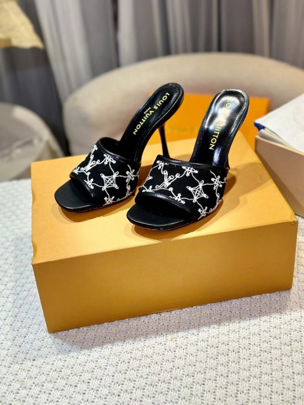 2025 Women Louis Vuitton Black White Embroidered Leather High Heel LY00250