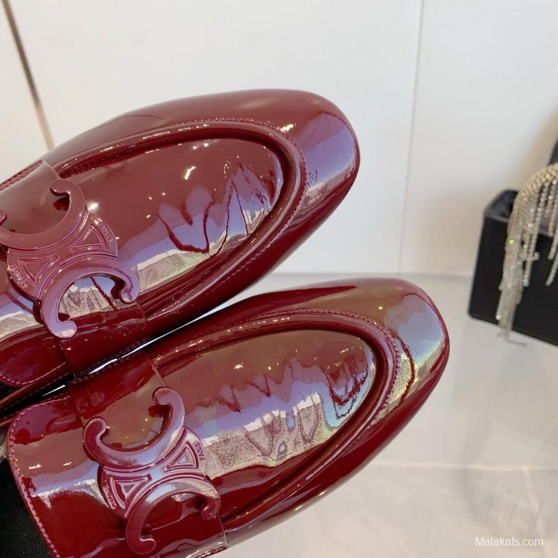 2025 Women CELINE Burgundy Patent Leather Loafers