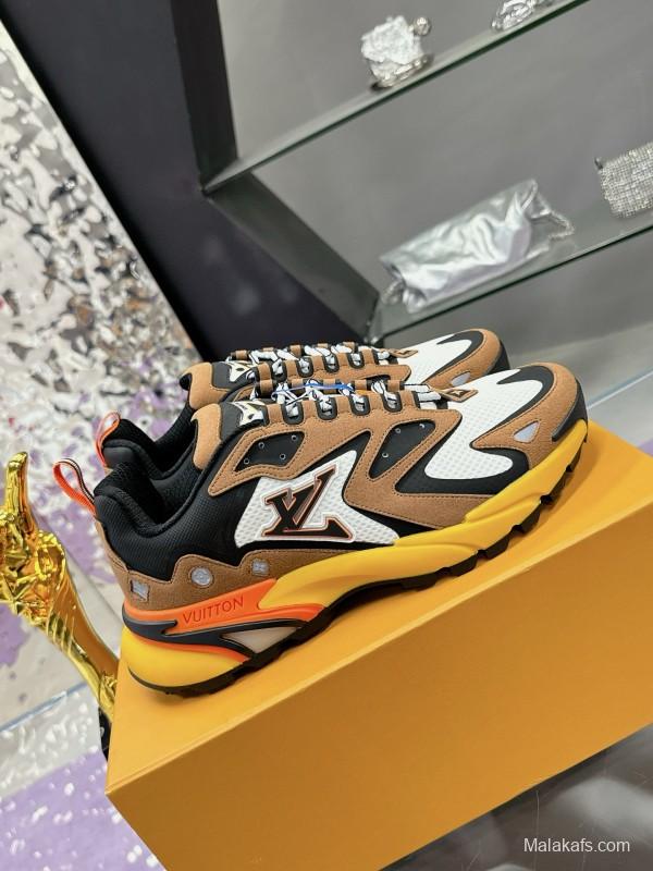 2025 Men Louis Vuitton Brown White Black Mesh Leather Sneakers MJ00420