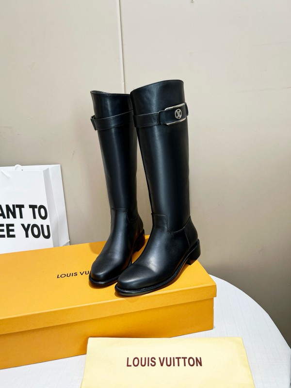 2024 Women Louis Vuitton Black Full Grain Leather Knee High Boots MJ00400
