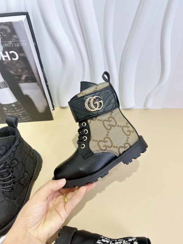 2024 Kids Gucci Brown Black Canvas Leather Boots