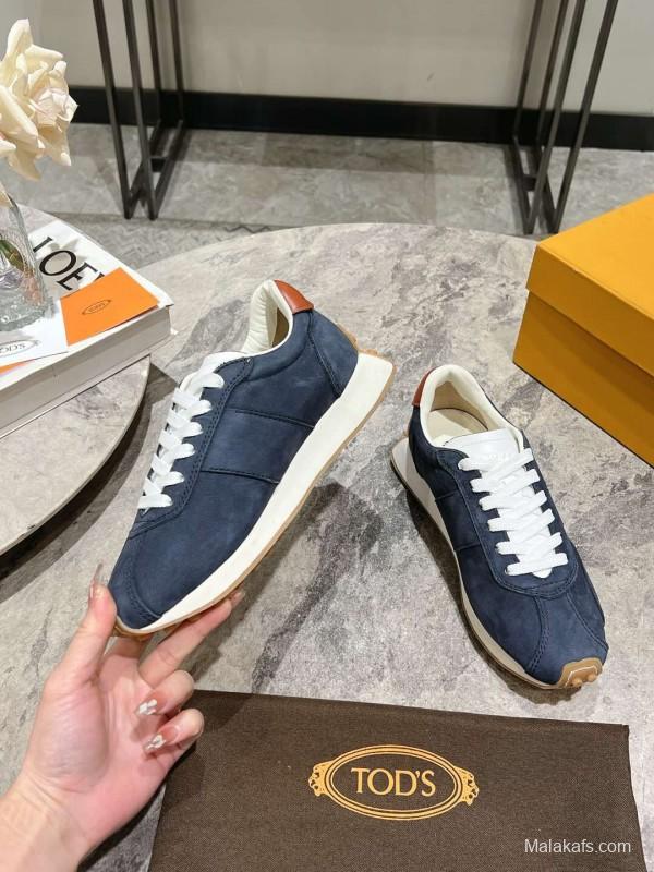 2025 Women TOD'S Navy Blue Brown Suede Leather Sneakers KFY00350