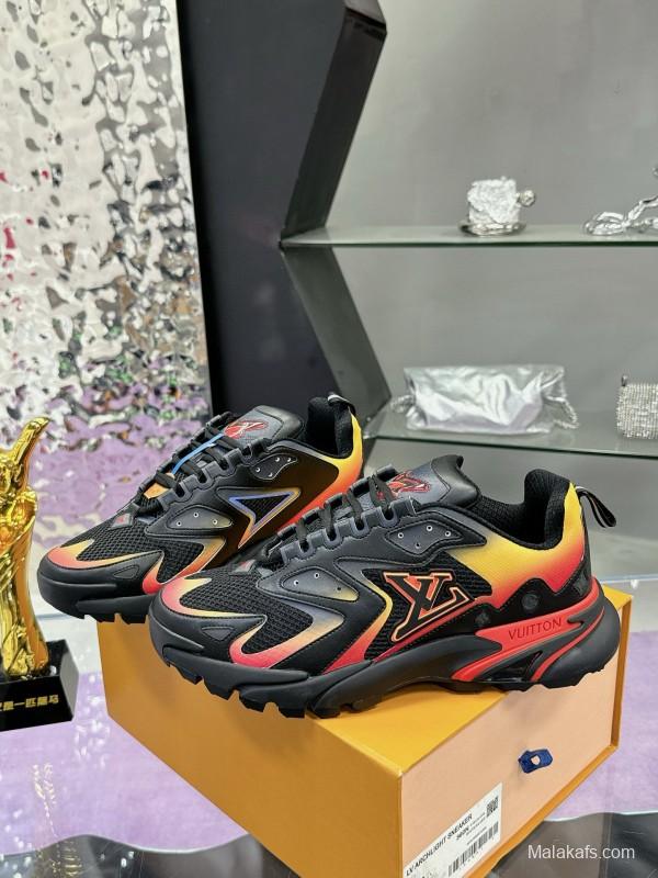 2025 Men Louis Vuitton Black Yellow Orange Mesh Leather Sneakers MJ00420