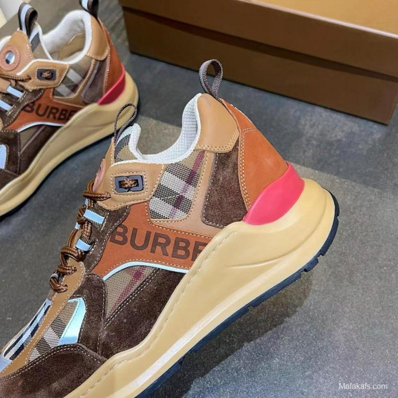 2025 Unisex Burberry Brown Beige Suede Leather Mesh Sneakers Checked Pattern MX00380