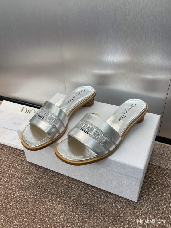 2025 Women Dior Silver Leather Slippers CD Logo KFY00300