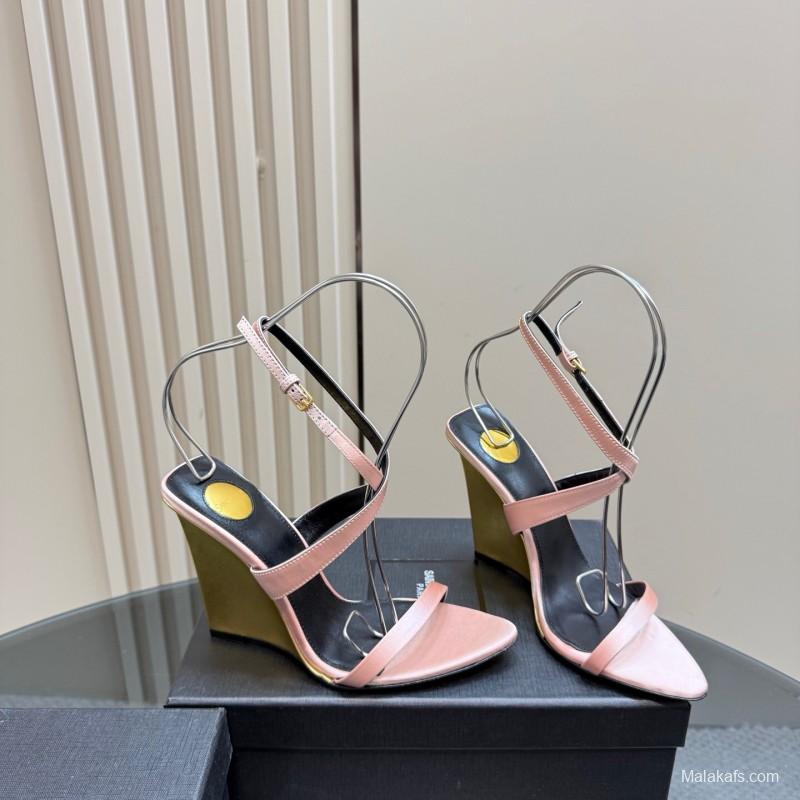 2025 Women Yves Saint Laurent Pink And Olive Silk Wedge Sandals Elegant Design KFY00290(F)