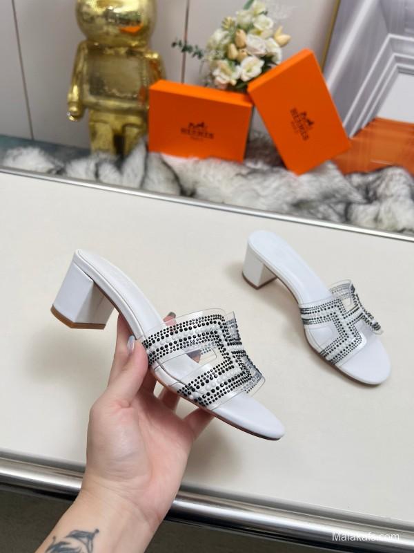 2025 Slippers Hermès White Leather Crystal MJ00180