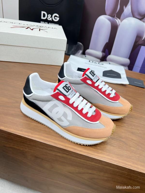 2025 Unisex Dolce & Gabbana Gray Red Beige PU Leather Mesh Sneakers LY00300