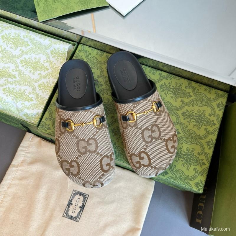 2024 Slippers Gucci Brown Canvas Leather Slippers MJ00280
