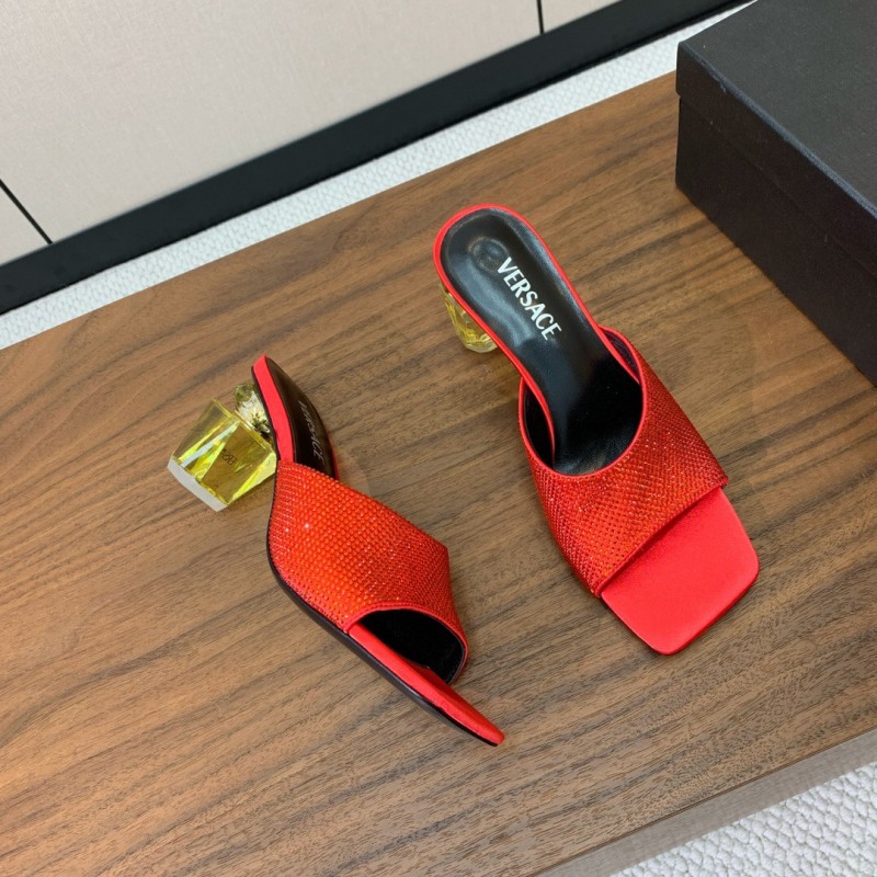 2025 Women VERSACE Red Leather Suede Slip-on Sandals