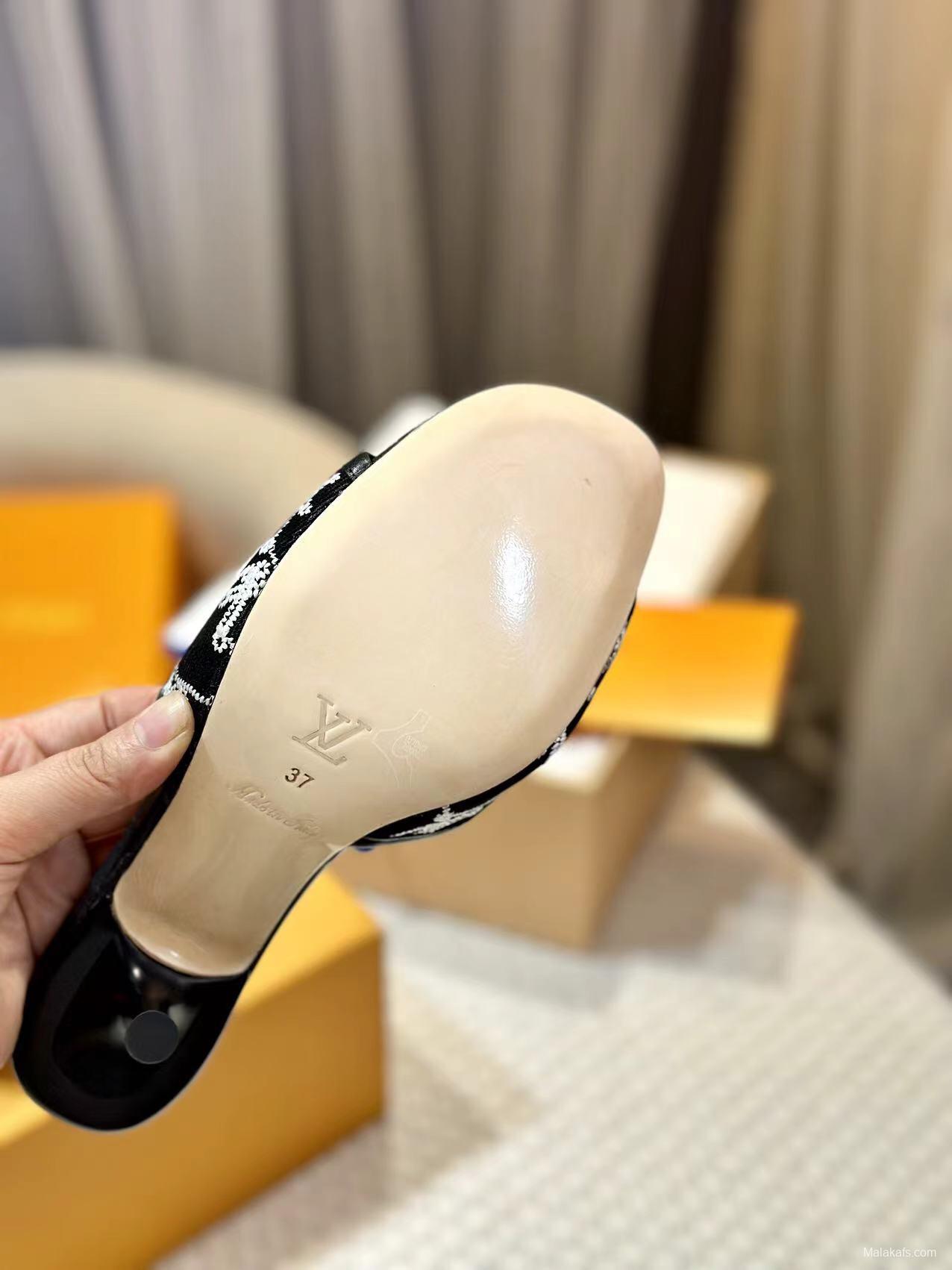 2025 Women Louis Vuitton Black White Embroidered Leather Heeled Sandals