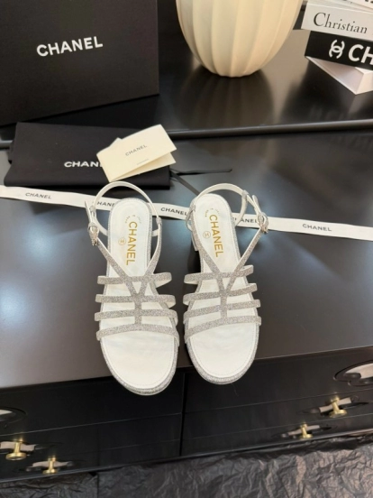 2025 Women Chanel White Synthetic Leather Sandals