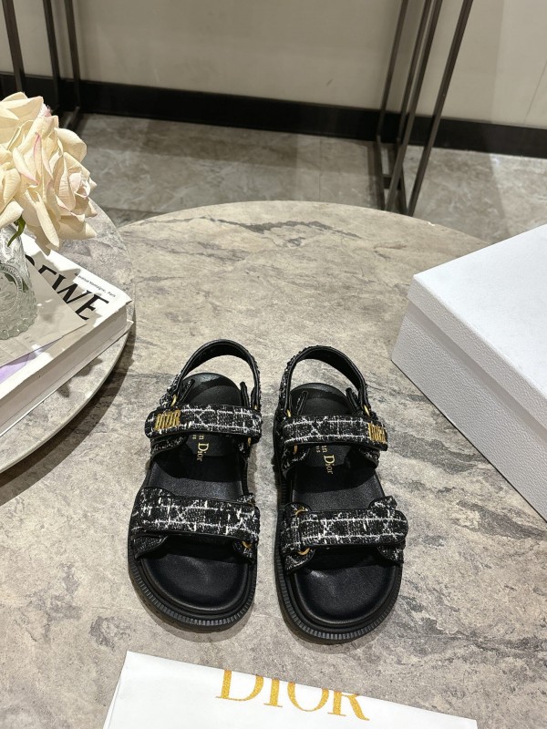 2025 Women Dior Black Fabric Leather Sandals KFY00300