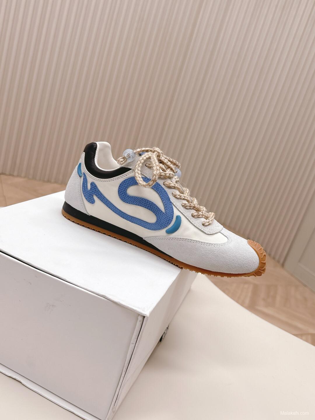 2025 Unisex Loewe White Blue Suede Mesh Casual Sneakers KFY00300