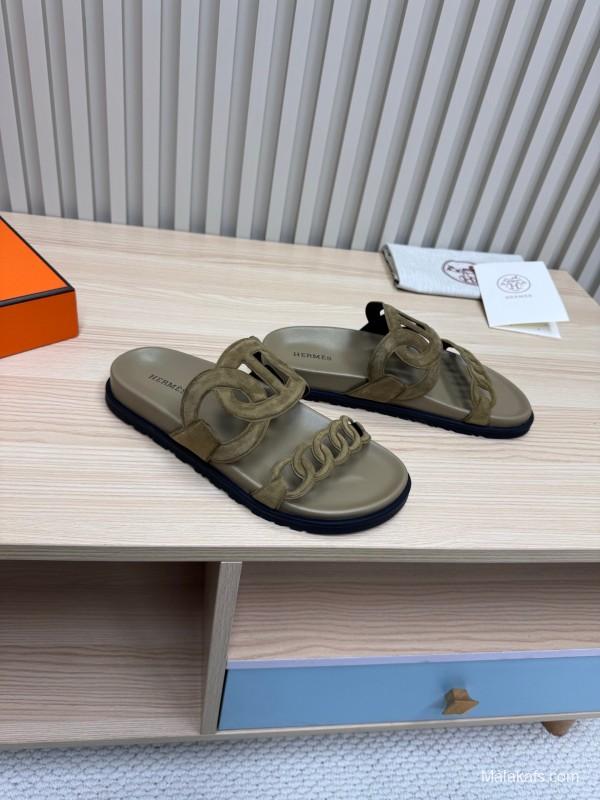 2025 Women Hermès Khaki Suede Slippers