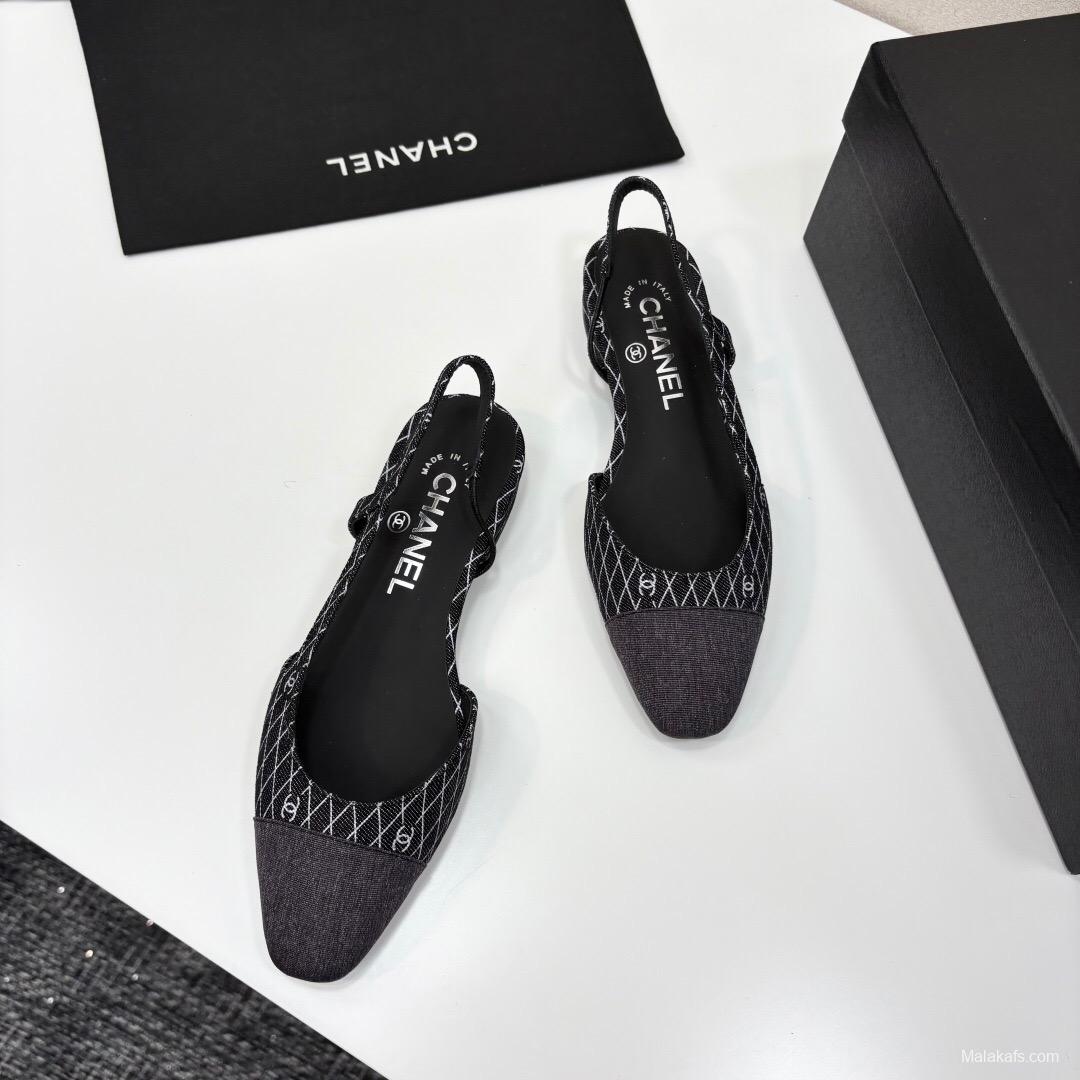 2025 Women Chanel Black White Fabric Leather Slingback LY00240