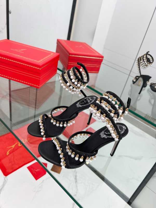 2025 Women RC Black Silk Crystal Pearl High Heel Sandals LY00360