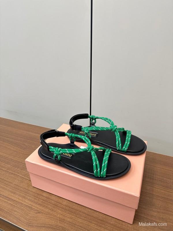 2025 Women Miu Miu Green Leather Sandals