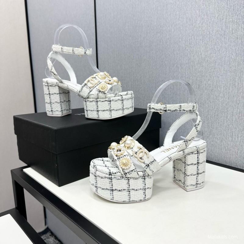 2025 Women Chanel White Black Tweed Platform Sandals
