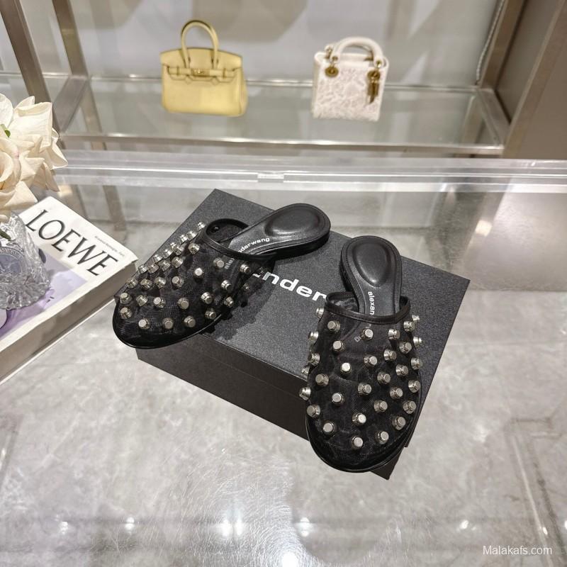 2025 Slippers Alexander Wang Black Leather Studded LY00310